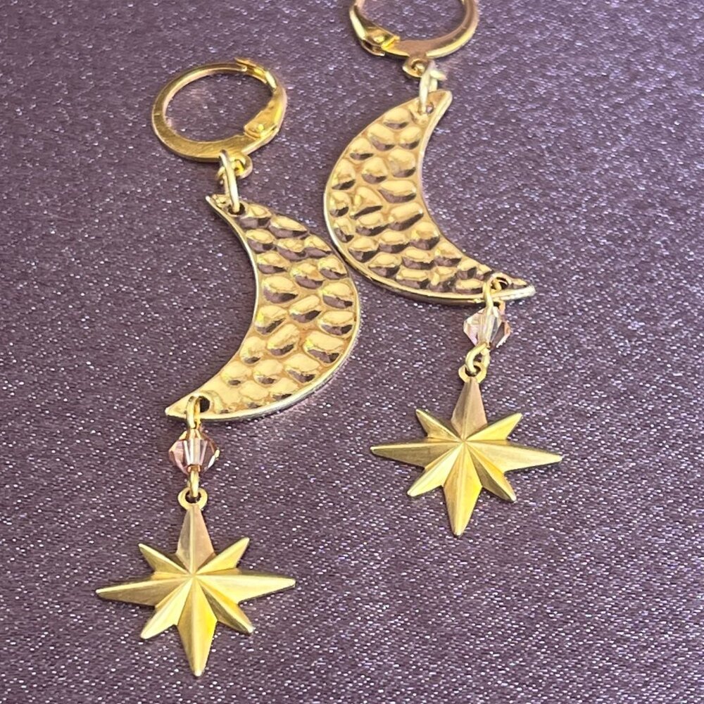 Gold Crescent Moon and Star Celestial Dangle Earrings with Swarovski Crystals - Picture 4 of 6